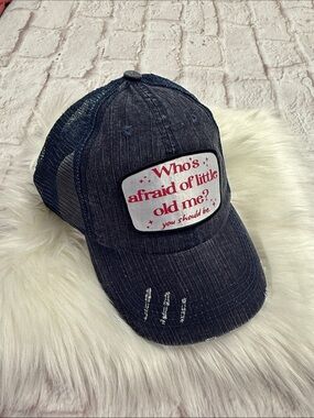 Who’s Afraid of Little Old Me? Women’s Navy Patch Trucker Hat and Ponytail